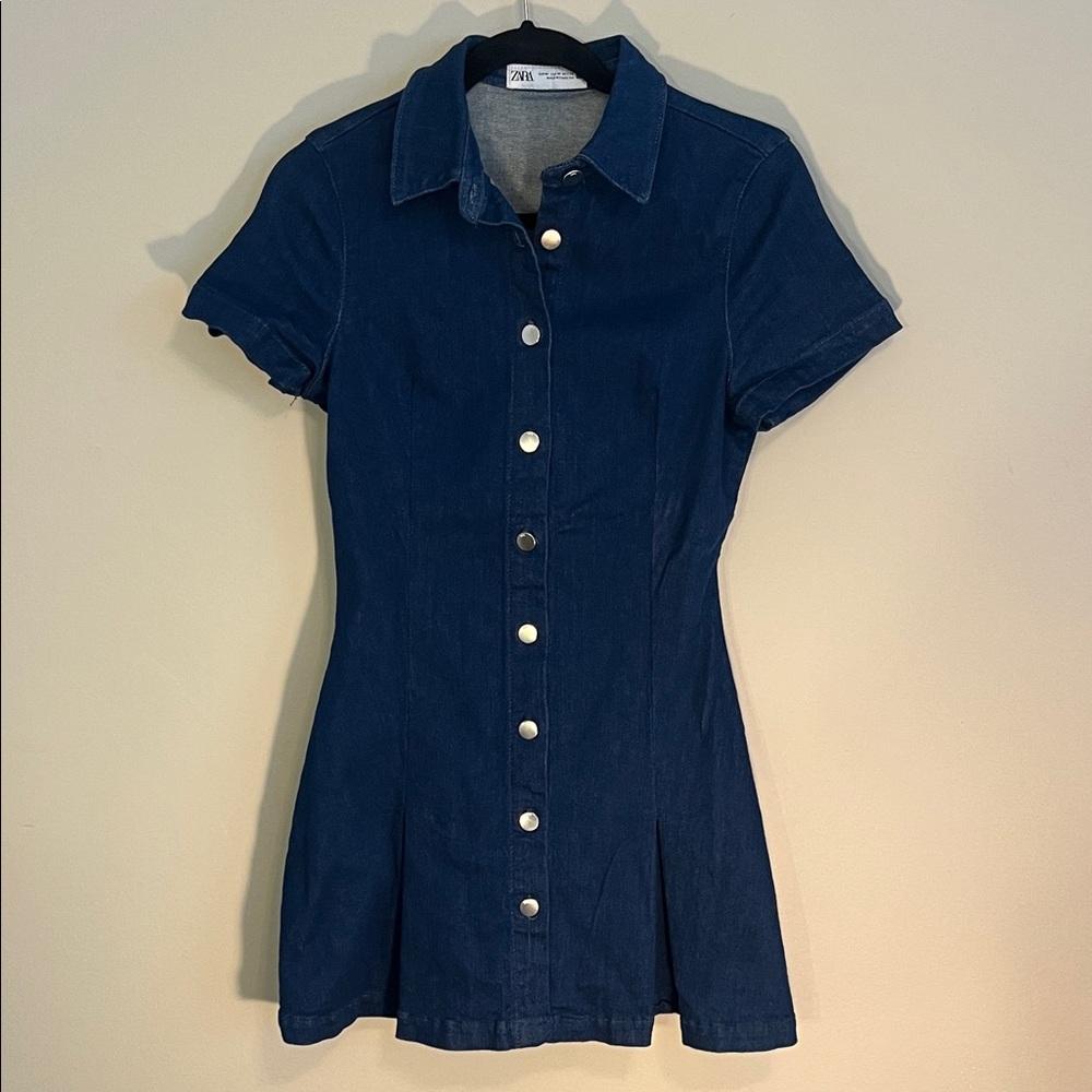 Zara Women's Dark Blue Button-Up Mini Dress